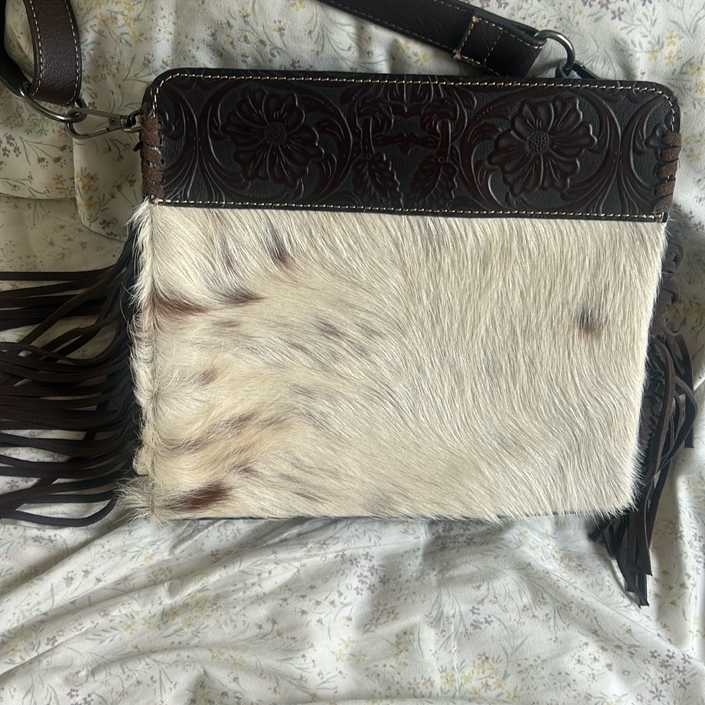 Western fringe + cowhide + tooled leather purse
